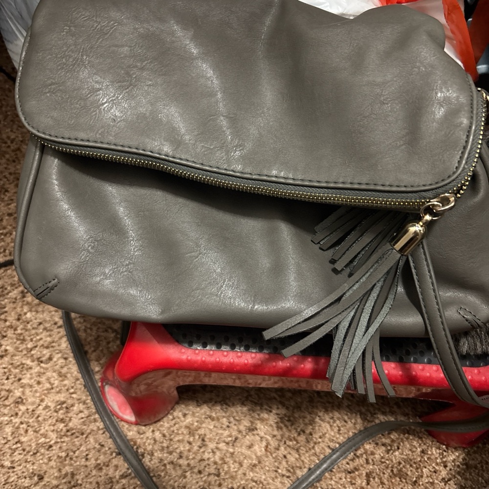 Gray Leather Tassel Crossbody Bag